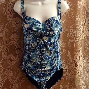 Niptuck, size 10, blue white floral swimsuit adjustable strap shirred molded cup